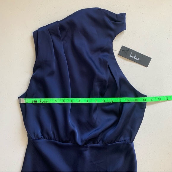 Lulus Medium Distinctive Charm Navy Blue Satin Asymmetrical Midi Dress NWT - Picture 14 of 17